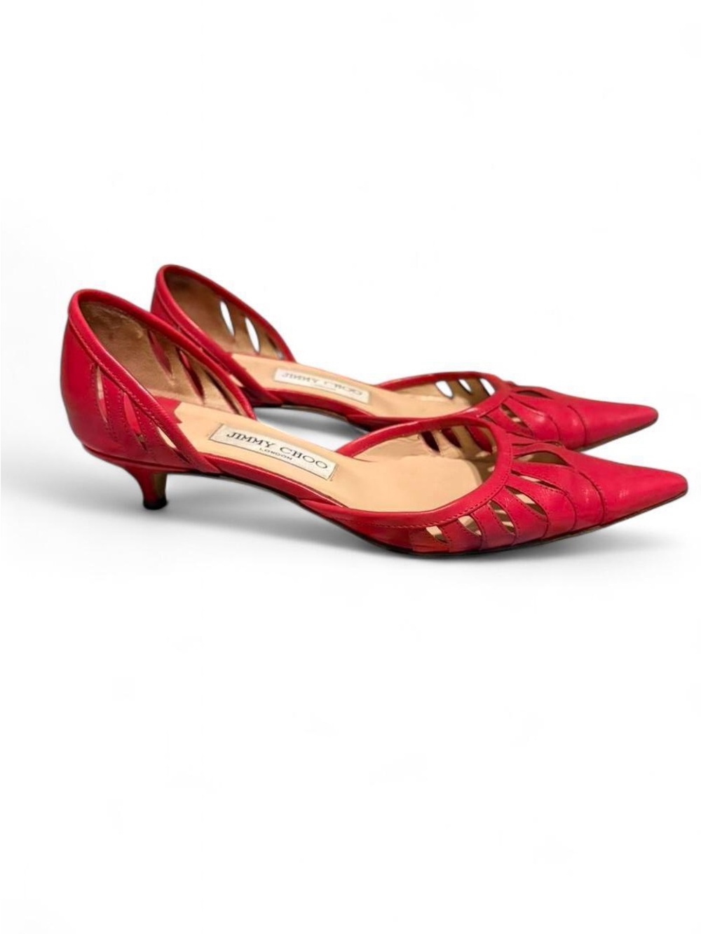 Jimmy Choo Pink Pointed Kitten Heel Pumps with Cutout Detail
